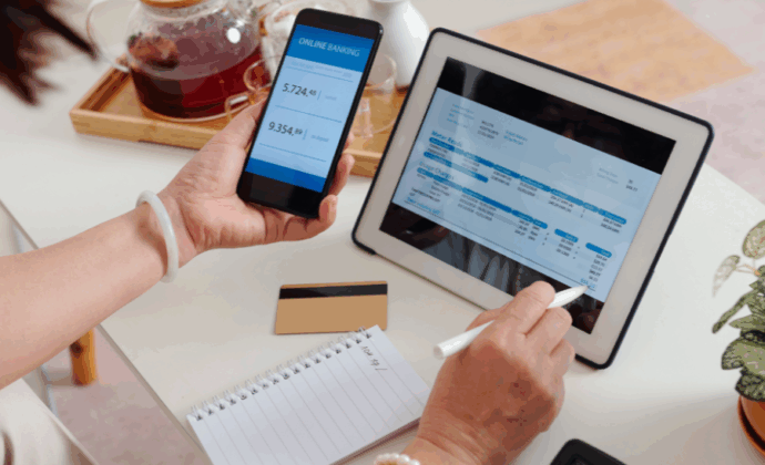 Woman using multiple devices at once with omnichannel