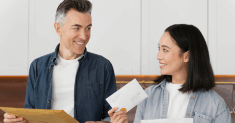 Man and women engaging with mail